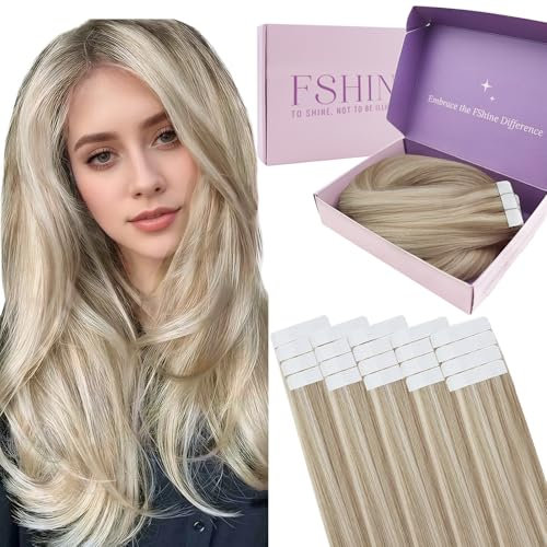 Fshine Echthaar Extensions Tape Hellbraun Highlights Platinblond 30cm 30g 20 Stücke Invisible Tape in Extension Echthaar Klebeband in Haarverlängerungen Farbe 18P613