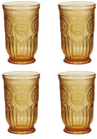 Tumbler Glasses Set of 4 Vintage Style Drinking Glasses with Embossed Mandala Design Turquoise, Purple Blue & Amber Highball Glasses with Footed Bases Drinking Glass Set (Amber)