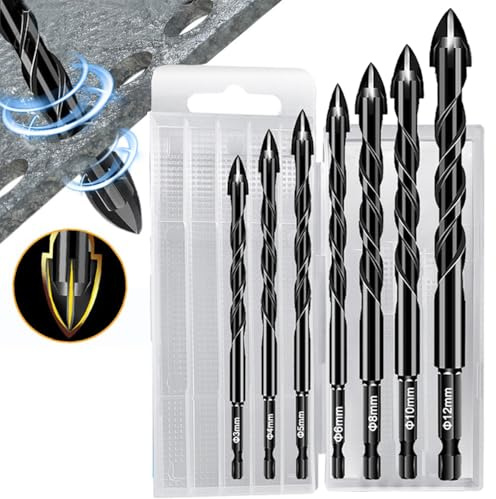 Hex Masonry Drill Bit Set, 7pcs Concrete Drill Bits Set Ceramic Drill Bit Carbide for Ceramic Tile, Plastic, Wall, Brick, Cement, Concrete, Wood, Size 3mm/4mm/5mm/6mm/8mm/10mm/12mm (Schwarz)