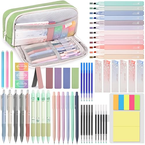 DazSpirit 61 Pezzi di Forniture Scolastiche con Astucci, 12 Evidenziatori Pastello, 4 Penna Gel Cancellabile, 5 Penne a Gel, 6 Portamine, Set di Cancelleria per Studenti, Appunti e Diario (Verde)