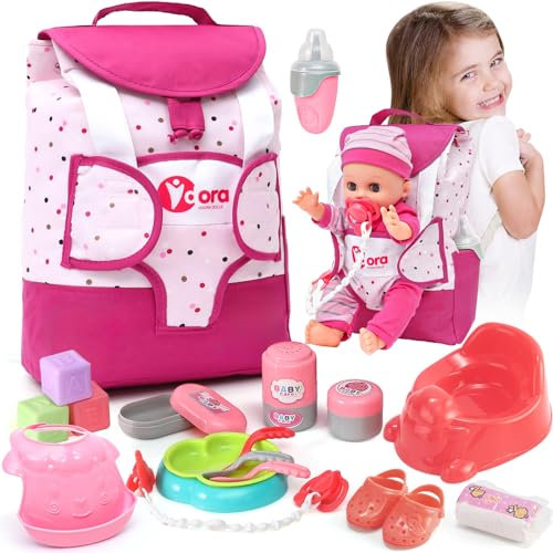 Tacobear Kit Accessoire Bebe pour Poupon, Accessoires Poupon avec Sac à Dos à Langer Biberon Pot Bebe, Ajustement pour 36cm Poupée Anniversaire Cadeau Fille Enfant 2 3 4 5 6 Ans (Poupée Non Inclus)