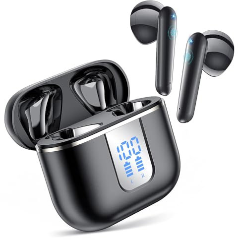 CoolJumper Bluetooth Wireless Headphones Bluetooth 5.3 Earphones with 4 HD Mic HiFi Stereo, Wireless Headphones with Powerful 13mm Speakers, LED Display, IPX7 Waterproof, Black