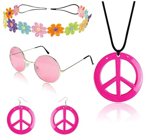 GlamRays Hippie Kostüm Set Beinhaltet Friedenszeichen Halskette und Ohrringe, Blumenkrone Stirnband und farbige Hippie Sonnenbrillen