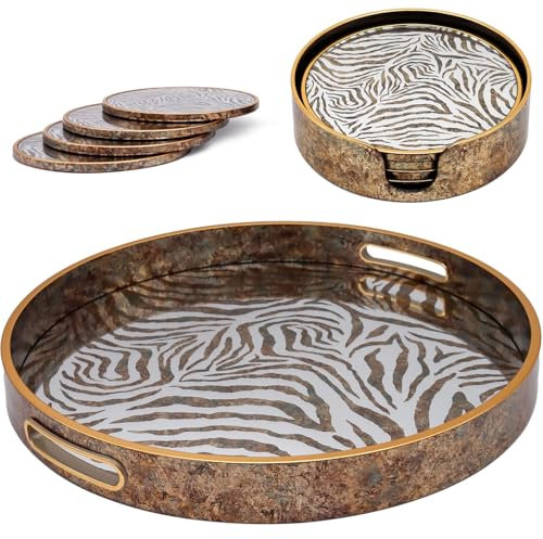 Round Abstract Zebra Print Decorative Tray & Coasters Set, Home Kitchen Serving Drinks Candle Display Decor Trays