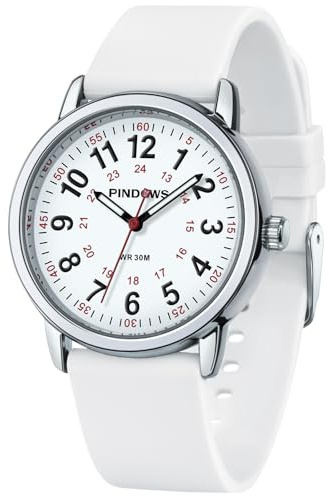 PINDOWS Armbanduhr für Damen, gut lesbare Analoguhr mit Leuchtzifferblatt | Für Pflegekräfte: 12/24-Stunden-Skala, roter Sekundenzeiger, 3 ATM, Schnellwechsel-Silikonarmband, 38-mm-Gehäuse