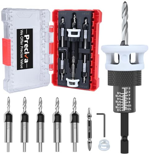 Senkbohrer Set, Preciva Bohrer Set inkl. Kegelsenker-Bohrer Tiefenanschlag Kreuzschlitz-Schraubendreher-Bits mit Aufbewahrungsbox für Holz, Spanplatten, Gipsplatte, Kunststoffplatte