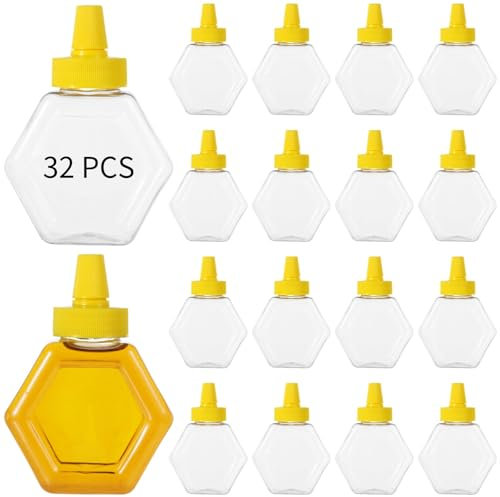 byepica Lot de 32 bouteilles de miel transparentes à presser de 200 ml, distributeurs rechargeables en plastique avec bouchons à bec verseur, pots à miel vides pour condiments et sirops