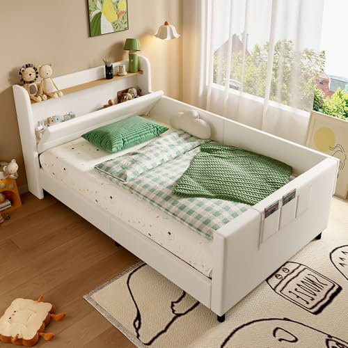Gxffipw Kinderbett Tagesbett 90x200 cm mit Kopfteil, Schlafsofa mit Stauraum und 3 Staufächern, Schlafcouch für Kinder, Einzelbett Bettgestell mit Metallrahmen, PU, Weiß, Ohne Matratze