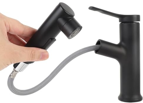 lyrlody Robinet de Lavabo Extractible avec Douchette, Mitigeur à un Levier, 3 Modes de Sortie d'Eau, Mélangeur Chaud/Froid, Noir