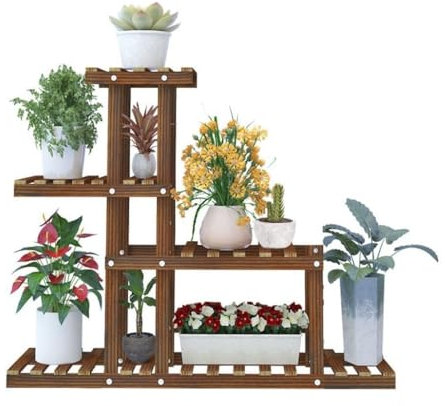 QDZC 4 niveles de planta de madera de madera interior al aire libre, 9 en macetas estantes de plantas de madera grande altas, soporte para la escalera de la escalera brown