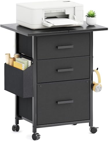 Rollcontainer, Aktenschrank, mit 3 Schubladen und Rollen, für Dokumente in DIN A4, Letter-Format, Druckerständer mit Einer Tischbreite von 56 cm, Industrie-Design, Schwarz