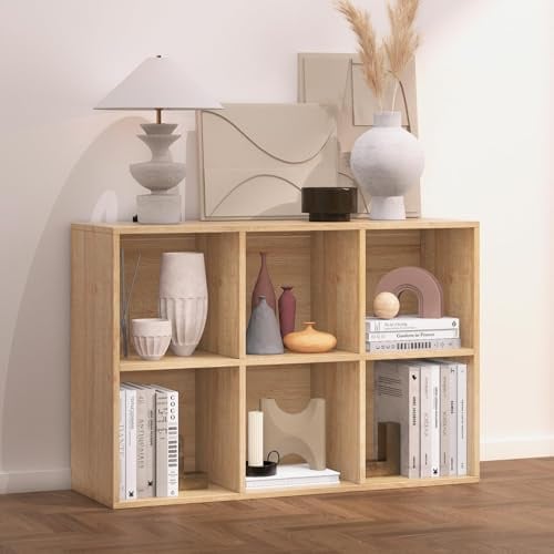 NewBeth Regal mit 6 Fächern, Holz Bücherregal, Würfelregal, Standregal | für Wohnzimmer, Schlafzimmer, Büro, Kinderzimmer (Eichefarben, 6 Fächern(30T x 91,5B x 61,5H cm))