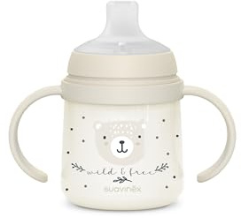SUAVINEX, Biberón Asas, Brilla en la Oscuridad, +6 Meses, WildFree Gris | Vaso Aprendizaje Bebé, Taza Antiderrame, con Boquilla Blandita de Silicona, con Válvula Anticólico, Ideal Uso Noche