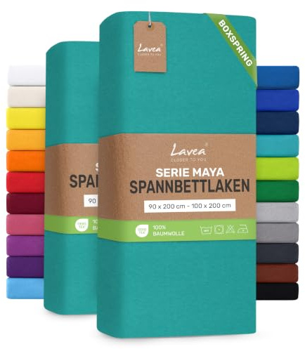 Lavea® 2er Pack Spannbettlaken 90/100x200cm – Türkis | 100% Baumwolle – Für Boxspringbetten und Wasserbetten – Für Matratzen bis ca. 35 cm Höhe – Formstabil