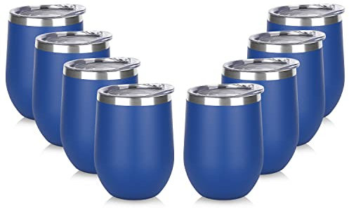 DOMICARE Stainless Steel Wine Tumbler Bulk with Lid, Personalized Insulated Tumblers Set, 12oz Travel Coffee Cups Pack of 8, Dark Blue