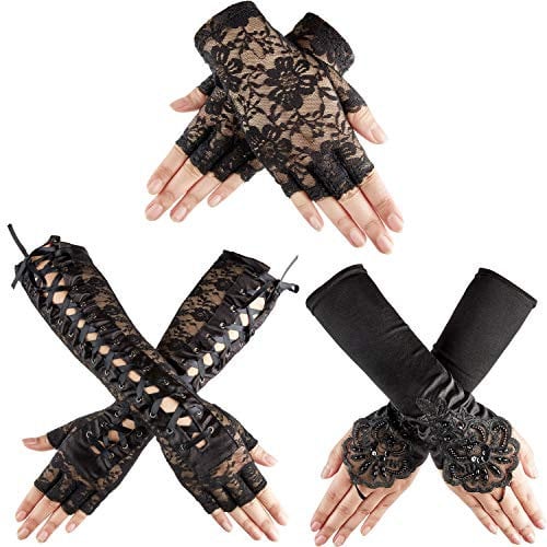 SATINIOR 3 Paar Gotische Fingerlose Spitzen Handschuhe Ellbogen Spitze Handschuh Schwarz Spitzen Satin Handschuhe Schwarze Kurze Braut Handschuhe