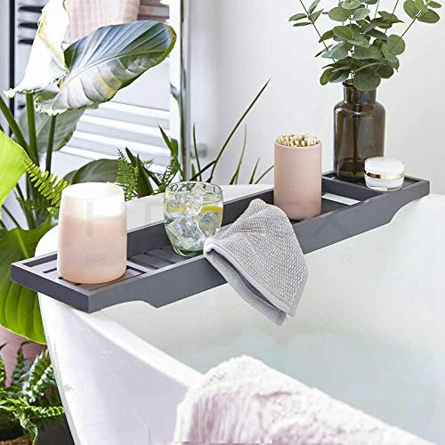 Unibos Bamboo Wood Bath Tub Rack Bathroom Shelf Tidy Tray Storage Caddy Organiser (Grey)