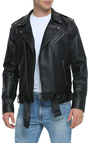 Fahsyee Kunstlederjacke Herren, Motorrad-Revers Asymmetrisch Reißverschluss Blet Slim Fit Biker Bomberjacke Coat - Schwarz - L