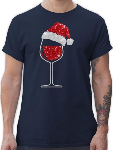 T-Shirt Herren - Geschenke Christmas Bekleidung - Weinglas mit Weihnachtsmütze I Weihnachtsmotiv Wein I Geschenk Weinliebhaber Weihnachten - M - Navy Blau - Weihnachts Tshirt männer