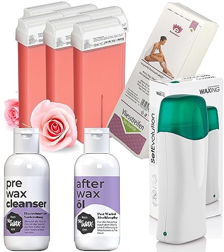 6x Wachs-Patronen Rosa, Erhitzer, Reiniger, After Wax und 100x Vliesstreifen, 1x Pre Reiniger Mr. Wax 1x After Wax je 150ml
