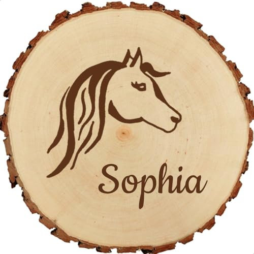 Baumscheibe 18cm mit Gravur (Namen) personalisierte Holz-Scheibe Dekoration für Pferde oder Ponys, Boxen-Schild Tiere, Tür-Schild, Begrüßung, Pferde-Stall, Reiter-Hof Schilder, MotivT1