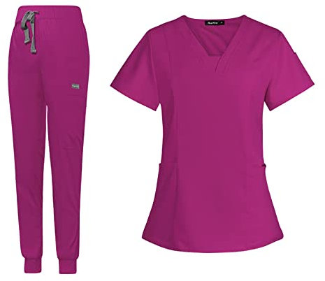 Baoblaze Ensemble de travail pour femme - Haut à manches courtes et col en V - Pantalon, rose rouge, M