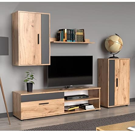 Home Heavenly® - Mueble salón Modular Bosco de 230 cm. Conjunto Completo Mueble TV + 2 vitrinas + Estante (Krenata-Antracita)