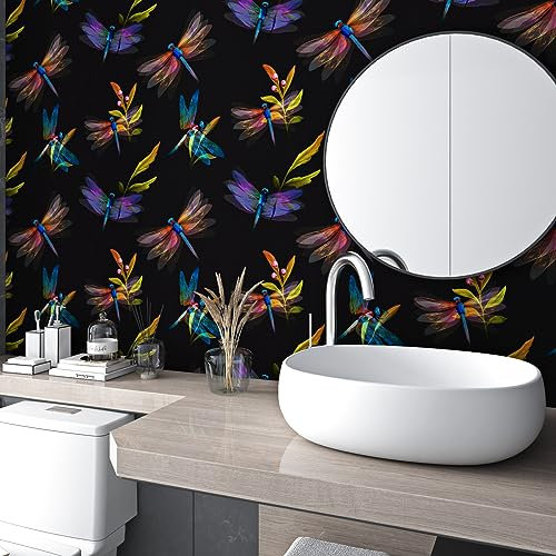 ReWallpaper 44.5cm X 7m Selbstklebende Tapete Gold Schwarz Muster Libelle Tapete für Die Wand Schlafzimmer Schwarz Goldene Klebefolie Kinder Selbstklebende Möbel Folie Muster Fototapete Kinderzimmer