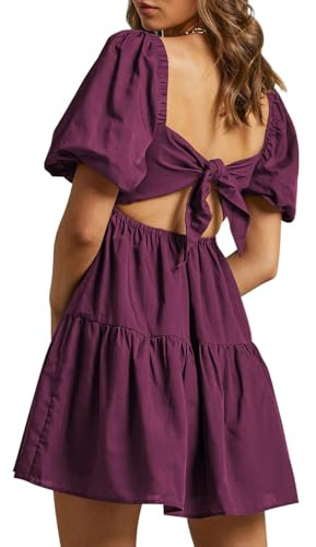 OWNGIGI Women's Summer Dress Square Neck Puffy Short Sleeve Loose Tie Back Casual A-Line Mini Dresses Maroon