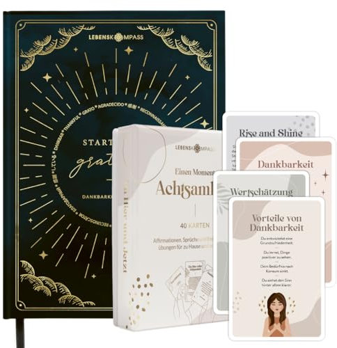 LEBENSKOMPASS 40 Achtsamkeitskarten Mindfulness & Attention - Dankbarkeitstagebuch ”Moonlight” - Positive Affirmationen und Übungen - Das 12 Wochen Tagebuch für mehr Dankbarkeit