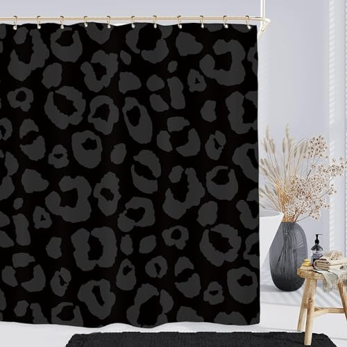 Miyotaa Duschvorhang-Set, Leopardenmuster, 152 x 180 cm, Wildtiere, Panthera, Herren, Polyester, wasserdicht, mit 12 Haken, Schwarz / Grau