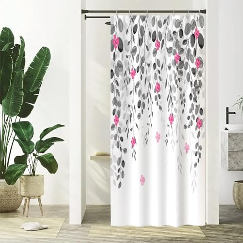 Rideau Douche Rose et Gris, Uiiooazy Rideau Douche Petit Feuilles d'eucalyptus Fleuris Rideau de Baignoire Anti Moisissure Imperméable Tissu Polyester Lavable Rideau de Bain avec 6 Crochets 90Lx180Hcm