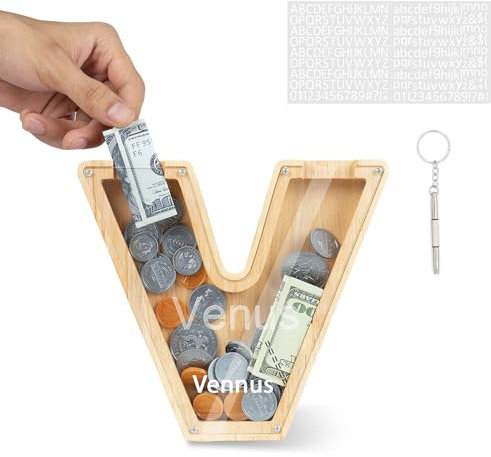 DONJIM Personalized Wooden Money Box, 7 Letter Piggy Bank, Clear Money Gift Box, Detachable Money Jar, with DIY Alphabet Stickers and Screwdriver, Alphabet V Money Tin