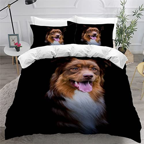 MEVASA Bettwäsche 135x200 Australischer Hirte Bettwäsche-Set 3 Teilig 3D-Druck Tier Schwarz Bettbezug 135x200 mit Reißverschluss Weiche Mikrofaser Kinderbettwäsche mit 2 Kissenbezug