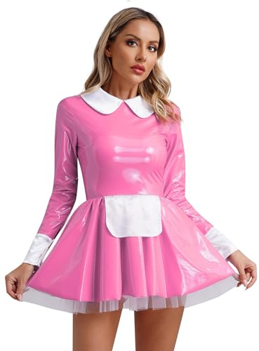 MSemis 3Pcs Damen Kostüm Dienstmädchen Lack Leder Kleid Lolita Cosplay Uniform Dessous Set Minikleid, Satin Schürze, Halsband Clubwear Gr. S-XL Rosa P L