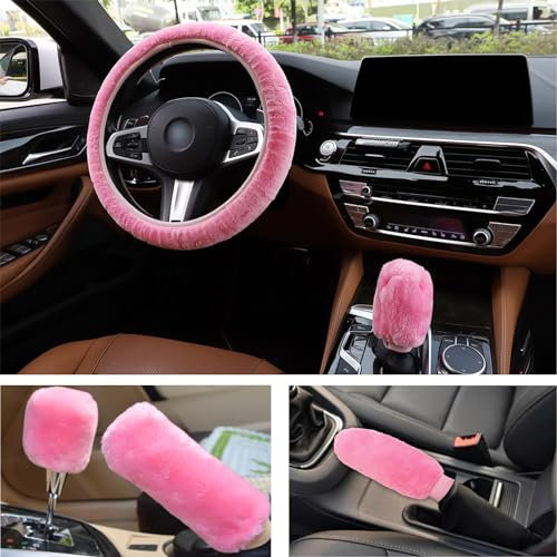 Getyjoe 3 Pcs Fuzzy Caches de Volant Universelle Couvre Volant Le Frein à Main et Le Levier de Vitesse Couvercle de Protection du Volant d'hiver Accessoires de Voiture 35-39 cm(Rose)