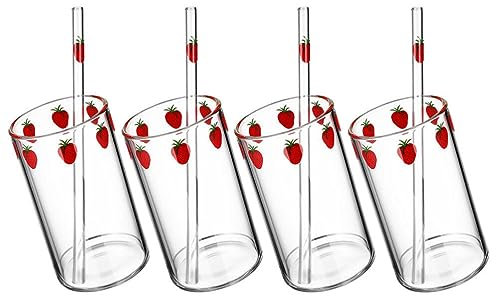 BESTonZON 4ensembles Tasse à Lait Transparent Avec Motif Fraise De Gobelets Pratiques Avec Pour Jus Et Thé Facile à Nettoyer Et Résistant Parfait Comme De Crémaillère
