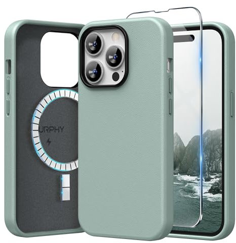 SURPHY für iPhone 14 Pro Leder Hülle mit Displayschutzfolie, Kunstleder Handyhülle iPhone 14 Pro Case 6,1 Zoll, Dünne Protective Schutzhülle (mit Mikrofaserfutter), Mintgrün