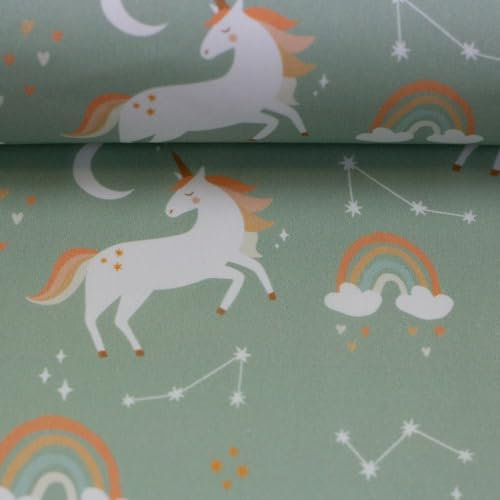 Baumwollstoff TIMU | Einhörner, Regenbogen, hellgrün | Ökotex | 50x147 cm | Meterware