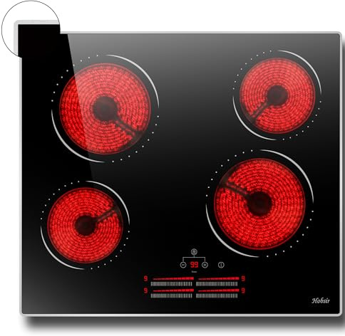 Hobsir 24 Inch Electric Cooktop 4 Burner 6000W, 24 Radiant Electric Stove Top, Built-in Ceramic Stove Top with Sliding Control, Timer, Safety Lock, 9 Power Levels, 220V-240V Hard Wire (No Plug)