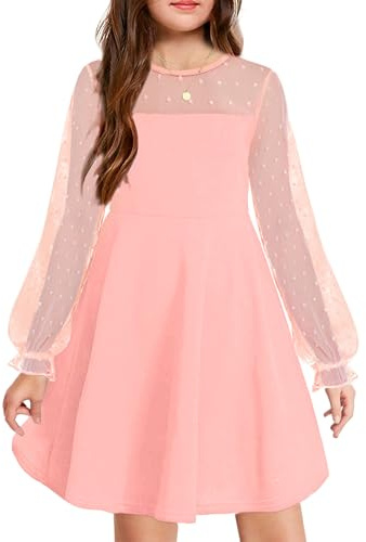 Arshiner Mädchen Festliches Kleid Meshed Puff Langarm Partykleid A-Linie | Mädchen Festlich Kleid Langarm Elegant Prinzessin Ballk Partykleid Mesh A-Linie für Hochzeit Geburtstag Kommunion 6-13 Jahre