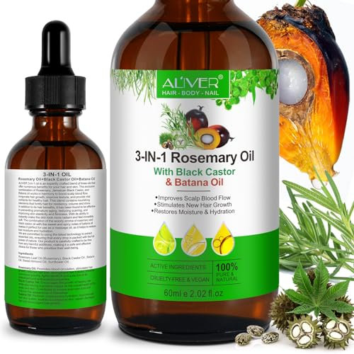 Batana Öl & Ätherisches Rosmarinöl & Schwarzes Rizinusöl 3In1 Haarwuchsöl, Für Haarwachstum, Stimuliert Neues Haarwachstum, Stellt Feuchtigkeit Und Hydratation Wieder Her, Volumen Und Glanz 60Ml