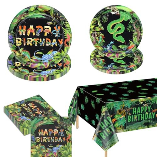 Reptile Party Decorations - Plates, Napkins, Wildlife Tablecloth for Jungle Safari Lizard Swamp Birthday Party Supplies, Serves 20