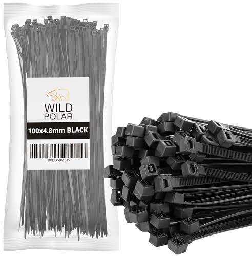 Wild Polar Fascette stringicavo di alta qualità, trasparenti, bianche e nere, gamma di misure, confezione da 100 fascette in nylon e plastica, fascette autobloccanti piccole (nero, 370 mm x 4,8 mm,