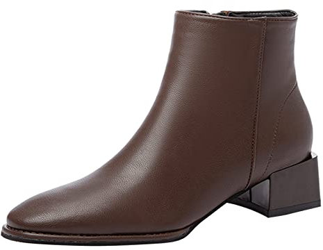 Stivali da donna in pelle tinta unita autunno suola spessa tacchi quadrati cerniera stivaletti corti punta rotonda stivali occidentali per le donne senza tacco, Marrone, 37.5 EU