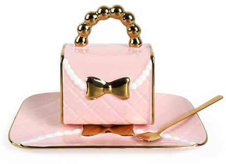 TOCCOOL Handbag Shaped Cup and Saucer Set - Coffee Cup and Saucer Set, Ceramic Mug and Tray Set, Exquisite and Elegant, Suitable for Cafes, Western Restaurants (with Spoon)