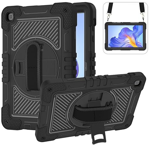 YOUULAR Funda para tablet Honor Pad X8 AGM3-W09HN de 10.1 pulgadas, a prueba de golpes, con soporte giratorio de 360° y correa de muñeca, correa para el hombro, completamente negra
