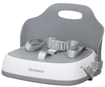 UBRAVOO Tragbarer Sitzerhöhung stuhl kind zum Essen, Reisehochstuhl mit 3-Punkt-Gurt und 2 verstellbaren Gurten, waschbarer Baby-Essstuhl ab 6 Monaten zum Aufsitzen (Grey)