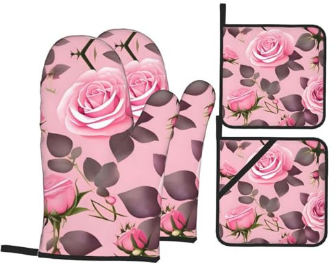 YYHHAOFA Pretty Pink Roses - Juego de cuatro piezas para hornear de cocina, manoplas aisladas para horno y soportes para ollas gruesos y duraderos