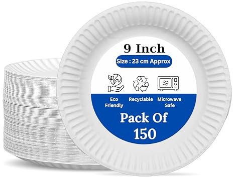 Blue Bucket 9 Inch Strong Paper Plates 150 Pack - Sturdy, Grease-Resistant & Biodegradable Party Plates | Ideal for Parties, BBQs, and Everyday Use